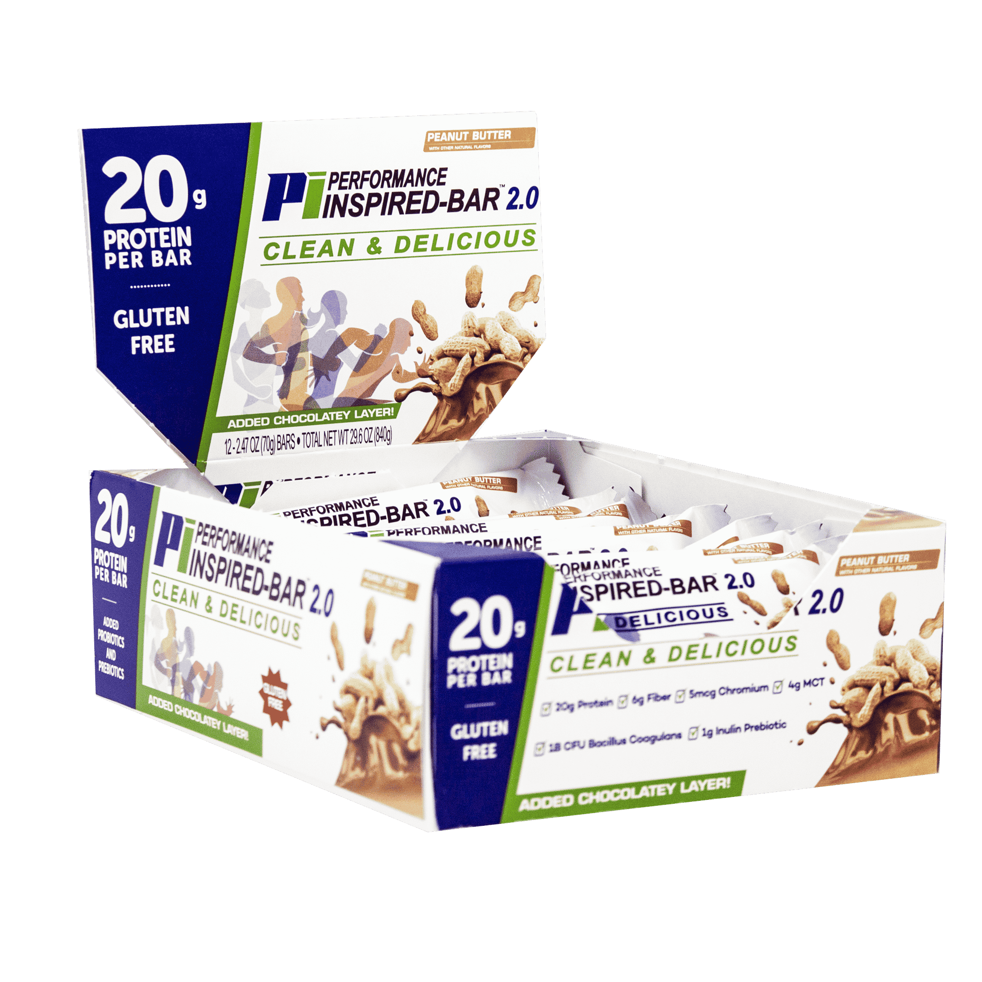 Inspired Bar 2.0 Peanut Butter left side angle box open 12 count box 2000 by 2000 300dpi